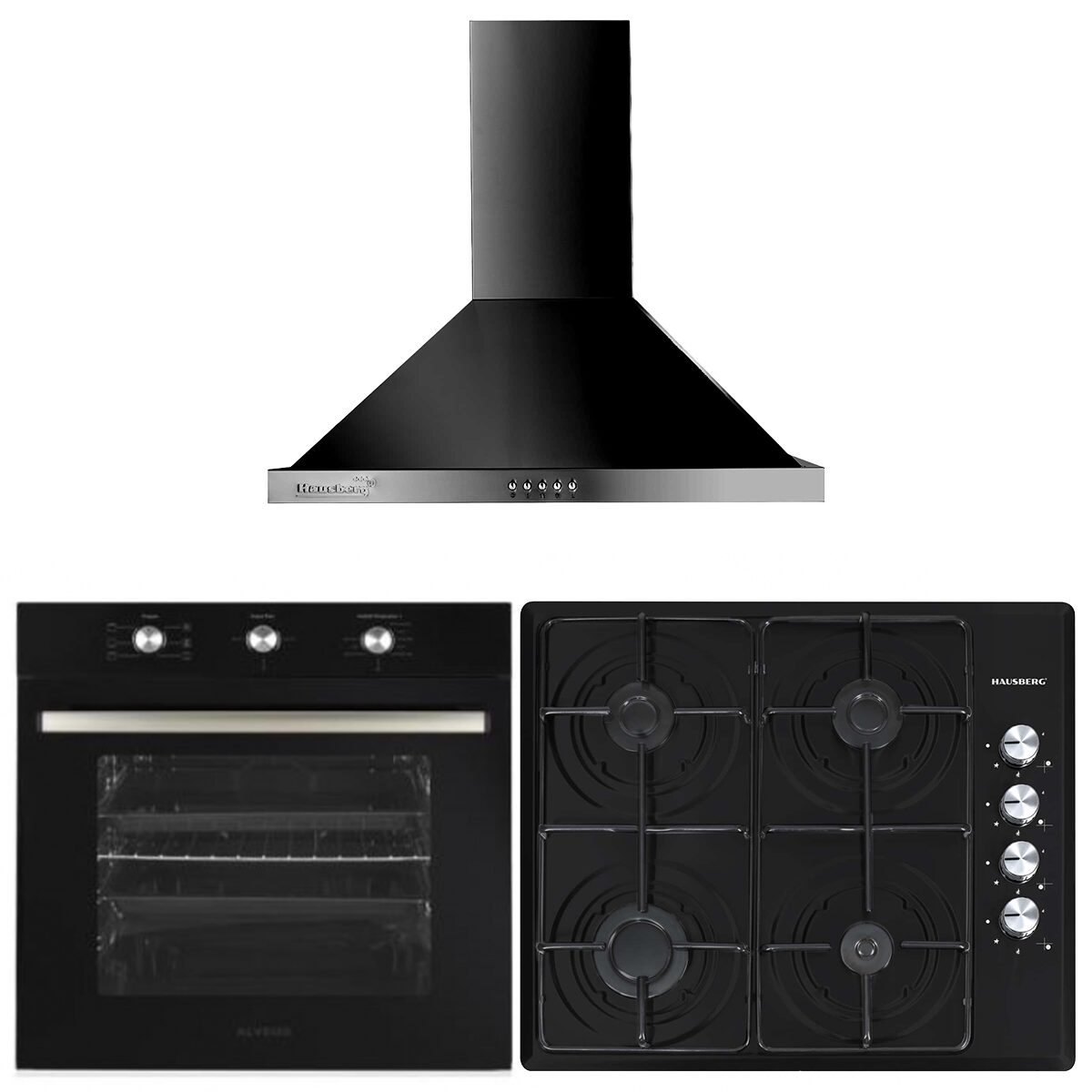 Pachet incorporabil Hausberg HB-8053NG- Electric- 2225 W- 71 l- 6 Functii- Ventilatie- Timer- Clasa A- Plita HB-558NG- Gaz- 3 arzatoare standard- 1 arzator wok- emailat- Hota decorativa HB-1260NG- absorbtie 400 m3/h- 1 motor- 60 cm- Negru