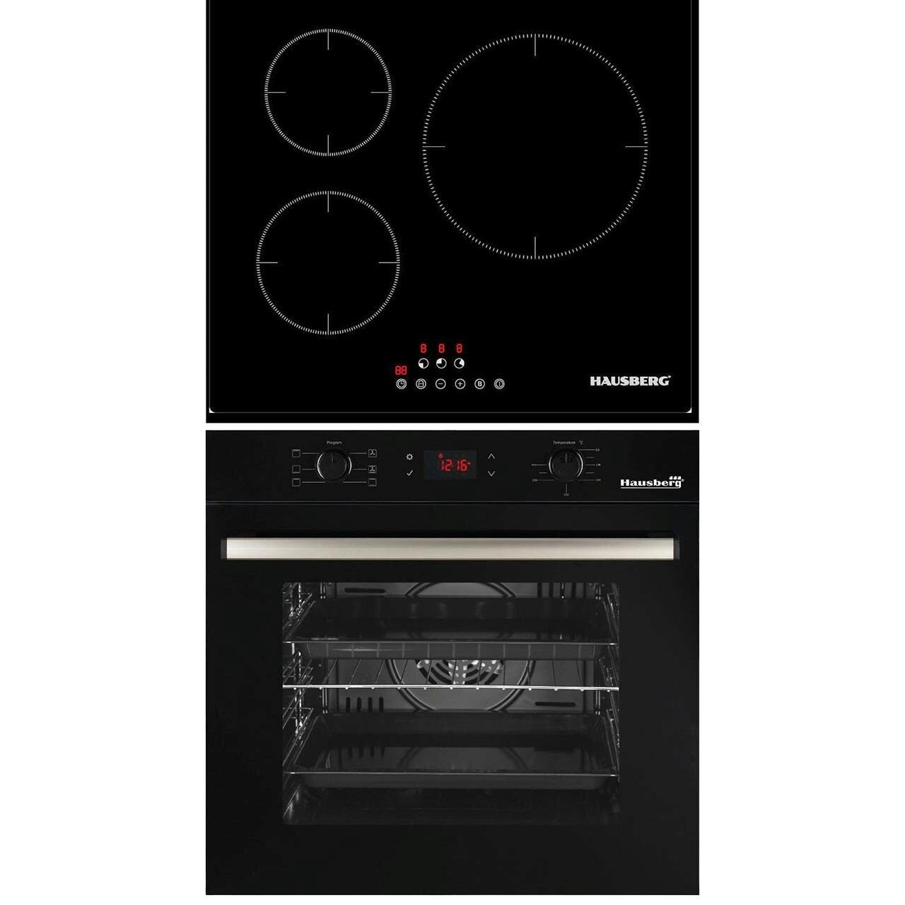 Pachet incorporabil Cuptor electric Hausberg HB-8054NG- Clasa A- volum 71L- ventilatie- Plita Hausberg HB1530- Electrica cu Inductie- putere 6000W- 3 zone de gatit- PowerBoost- 60 cm