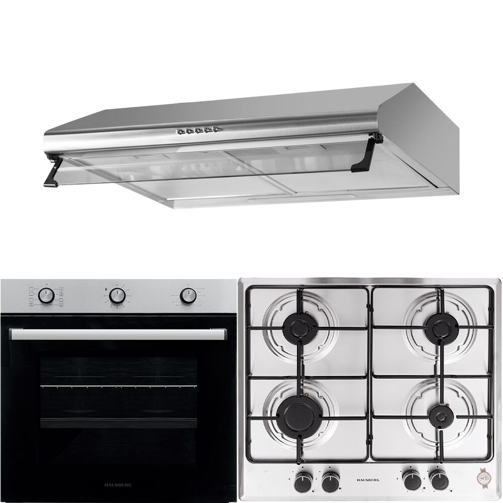 Pachet incorporabil Hausberg Cuptor electric HB-8053IN- Clasa A- 71L- 2225W- Negru/Inox- Plita Incorporabila HB-555- 4 arzatoare- Gaz- Inox- Hota incorporabila decorativa HB-1220- Putere de absorbtie 450 m3/h- 2 motoare- 60 cm- Inox