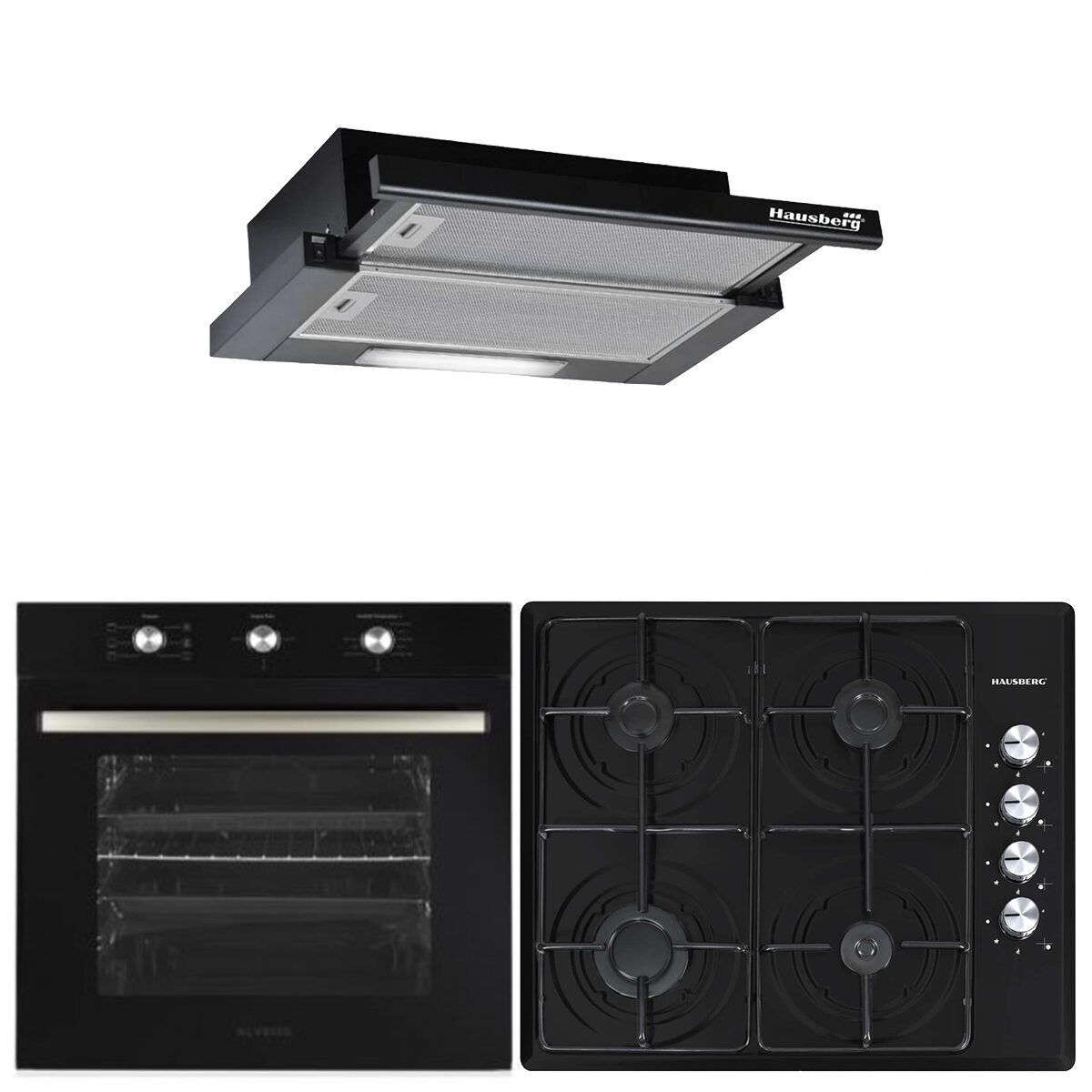 Pachet incorporabil Hausberg HB-8053NG- Electric- 2225 W- 71 l- 6 Functii- Ventilatie- Timer- Clasa A- Plita HB-558NG- Gaz- 3 arzatoare standard- 1 arzator wok- emailat- Hota telescopica HB-1285NG- absorbtie 420 m3/h- 2 motoare- 60 cm- Negru