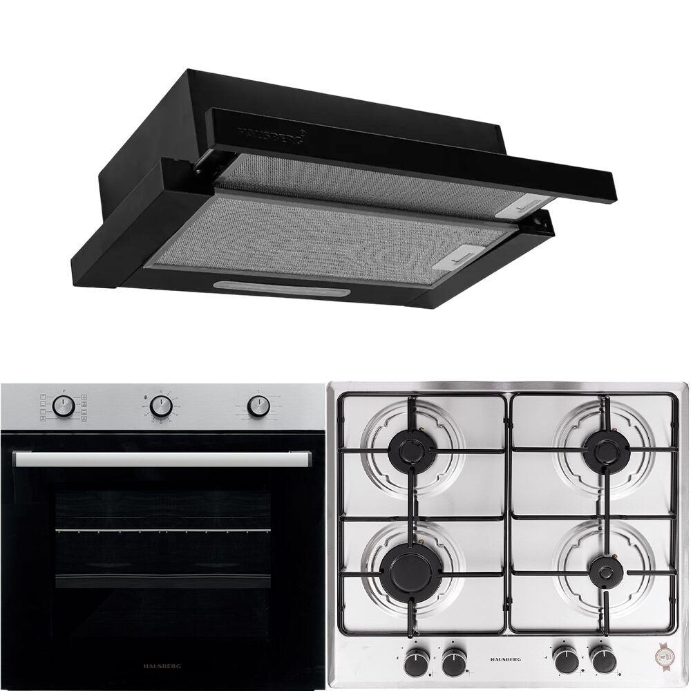 Pachet incorporabil Hausberg Cuptor electric HB-8053IN- 71L- Negru/Inox- Plita Incorporabila HB-555- Gaz- Inox- Hota incorporabila telescopica HB-1285NG- 420 m3/h- 2 motoare- 60 cm