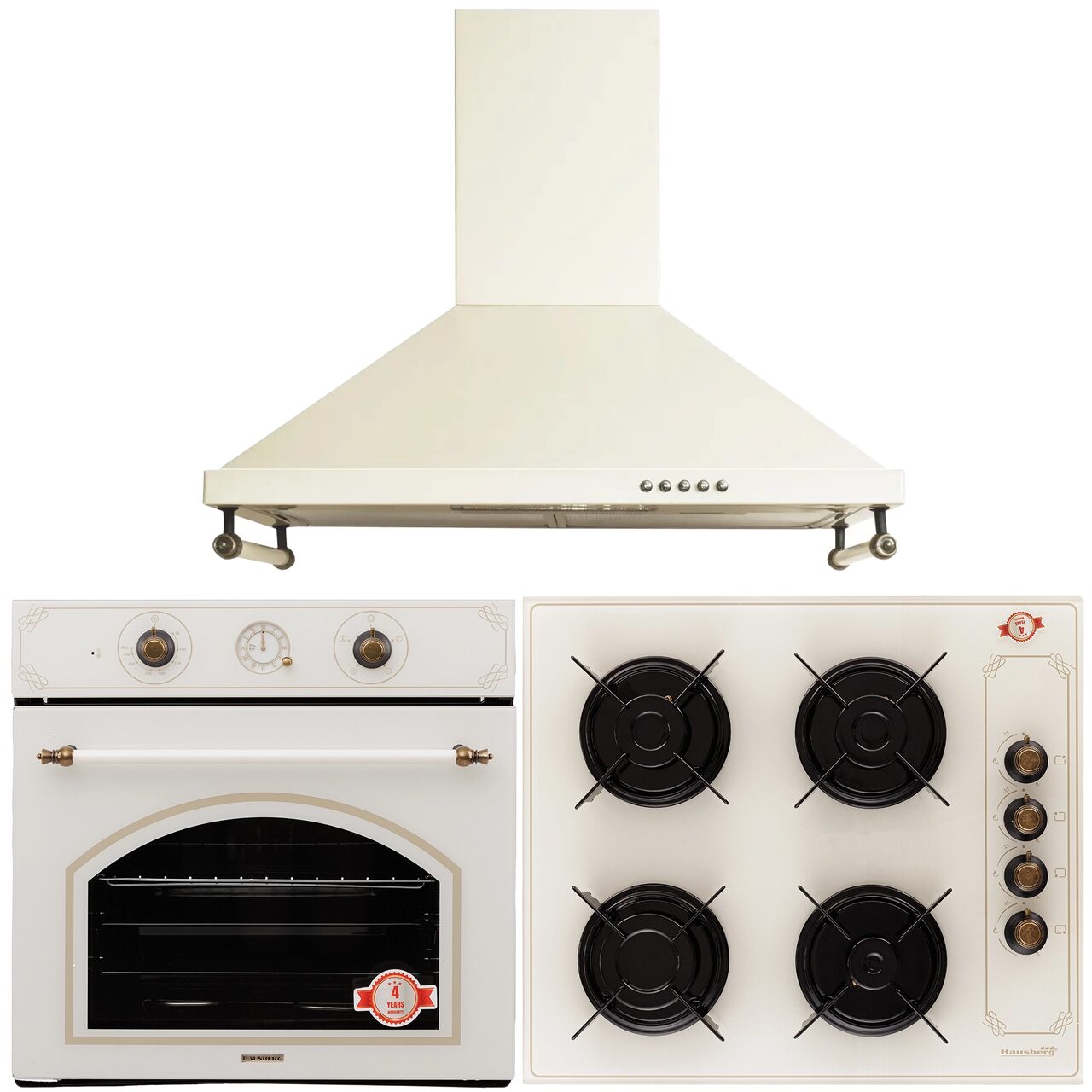 Pachet incorporabil Rustic- Cuptor electric Hausberg HB-8050- Clasa A- 57l- Ventilatie- Bej + Plita Incorporabila HB-570- 4 arzatoare- Gaz- Sticla + Hota decorativa HB-1500- 60cm- Filtru din aluminiu- Bej