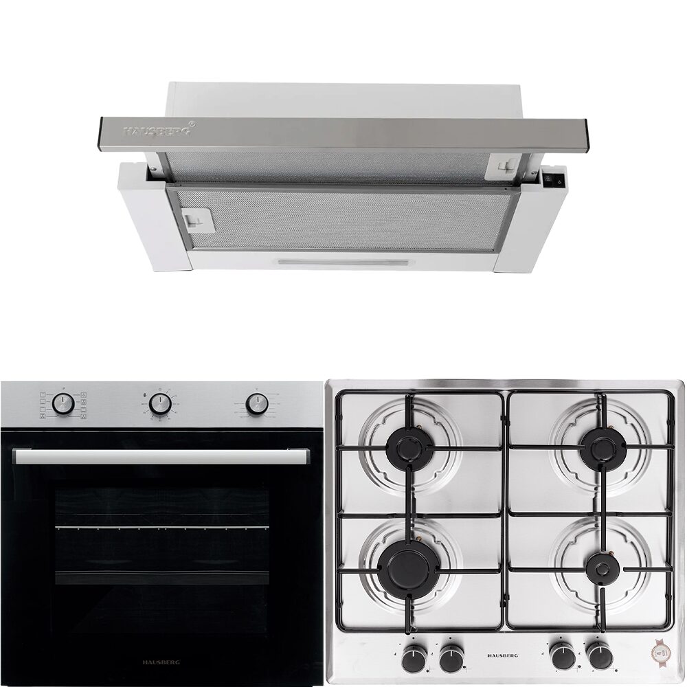 Pachet Cuptor electric Incorporabil Hausberg HB-8053IN- Clasa A- 71L- 2225W- Negru/Inox- Plita Incorporabila HB-555- 4 arzatoare- Gaz- Inox- Hota incorporabila telescopica HB-1285IN- Putere de absorbtie 420 m3/h- 2 motoare- 60 cm- Inox/Alb