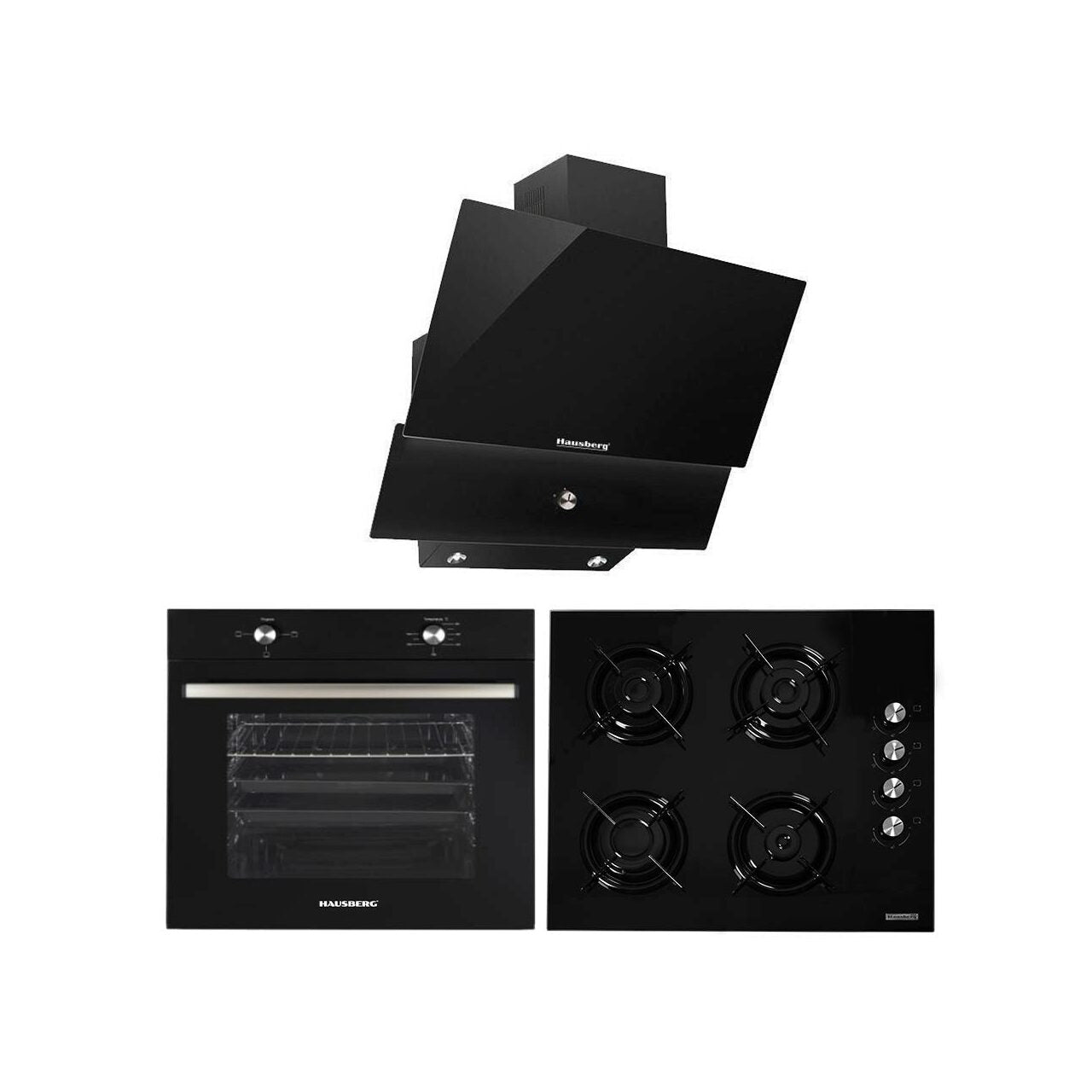 Pachet Incorporabil Cuptor electric Hausberg HB-8051NG- Clasa A- 76L- 2000W- Negru-Plita incorporabila Hausberg HB-563- Gaz- 4 arzatoare- Negru- Hota Incorporabila decorativa Hausberg HB-2285NG- 60 cm- Filtru aluminiu- Negru