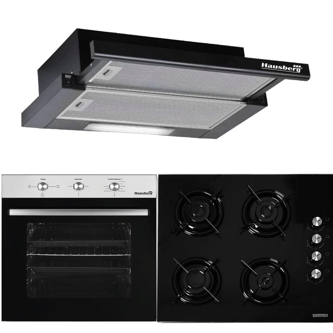 Pachet HAUSBERG Basic Style Black- Cuptor electric Incorporabil HB8052- Clasa A- 71L- 2000W- Negru/Inox- Plita Incorporabila HB563NG- 4 arzatoare- Gaz- Sticla- Negru- Hota incorporabila telescopica HB1285NG- Putere de absorbtie 420 m3/h- 2 motoare