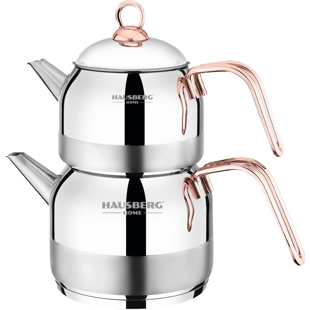 Set ceainic si fierbator HAUSBERG HB-H610, Otel inoxidabil, Inductie, Maner ergonomic, Ceainic 1L, Fierbator 2L