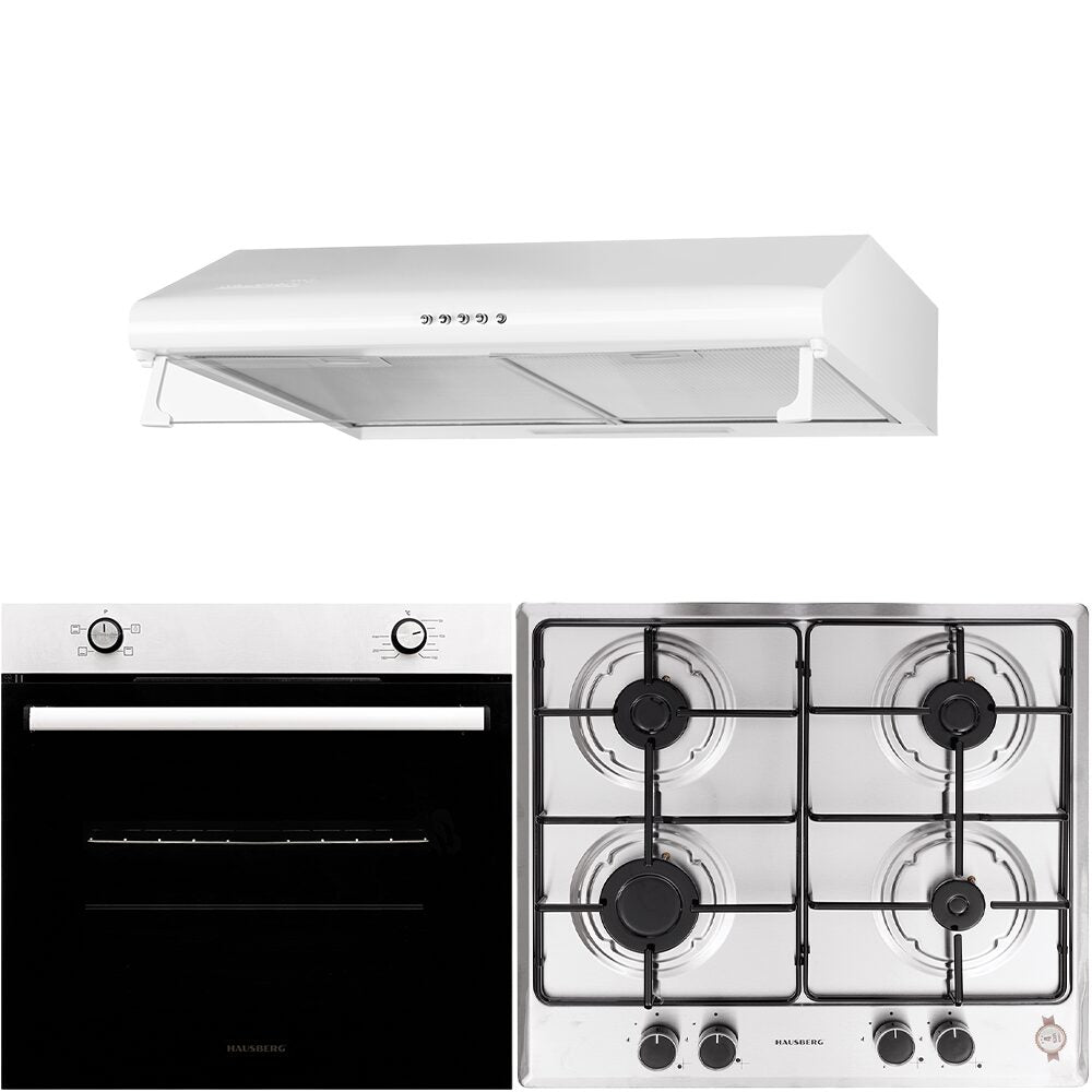 Pachet Cuptor Incorporabil Hausberg HB-8051IN- Electric- 76 l- 4 Functii- Clasa A + Plita Incorporabila Hausberg HB-555- 4 arzatoare- Gaz- Inox + Hota traditionala Hausberg HB-1225- 420 m3/h- 2 motoare- 60 cm- Alb