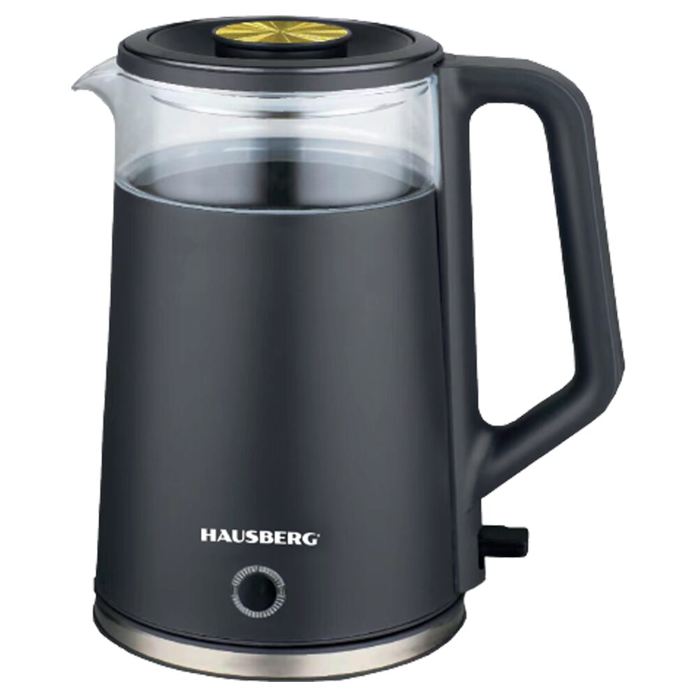 Cana fierbator HAUSBERG HB-3619NG, 1500 - 1800W, capacitate 2L, Anti-uscare, Oprire automata, Material Inox, sticla + plastic Negru