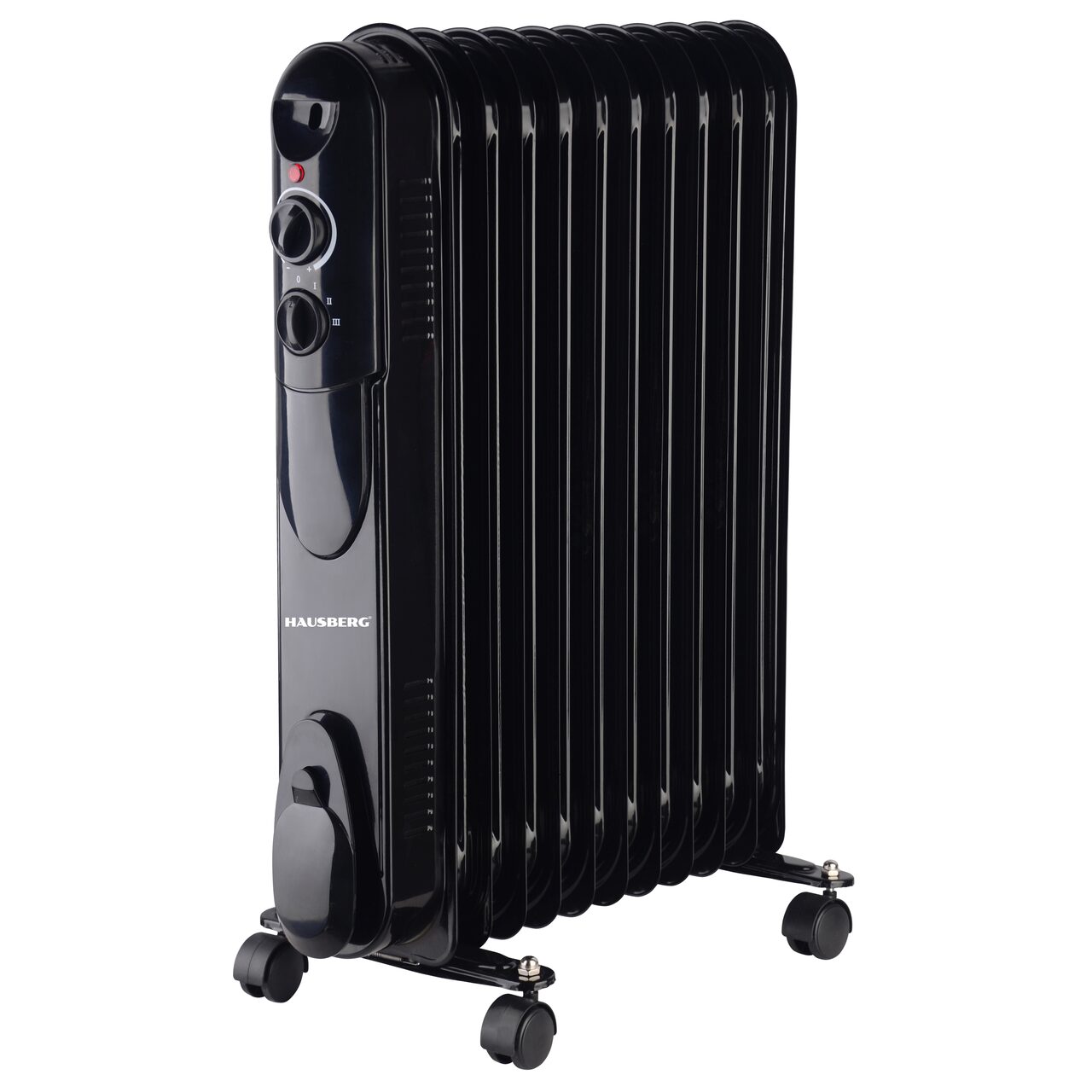 Calorifer electric cu ulei HAUSBERG HB-8925, 3 trepte, 1000-1500-2500 W, 11 elementi 110 mm x 580 mm, termostat reglabil, maner si rotite pentru o deplasare facila, indicator luminos functionare