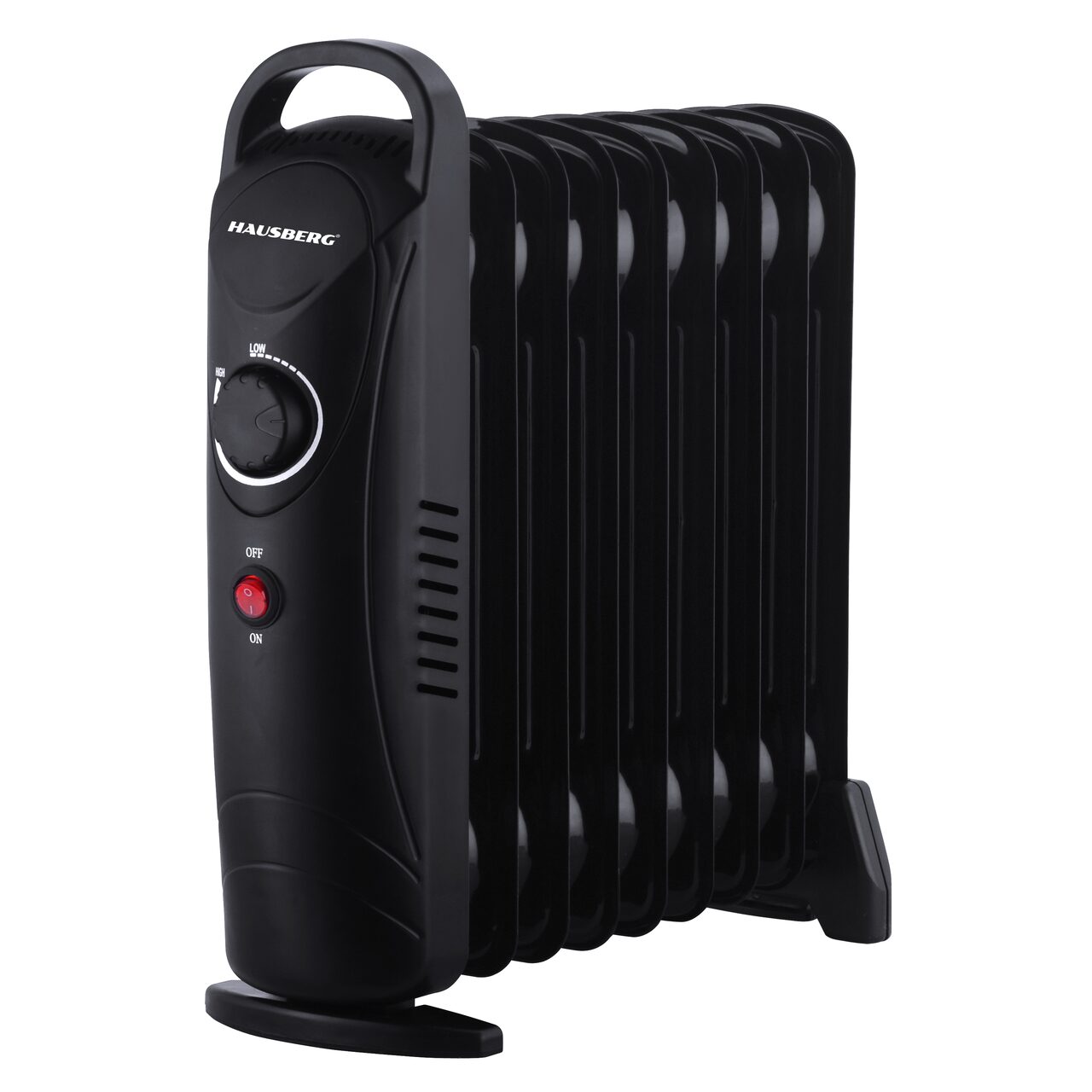 Calorifer electric cu ulei HAUSBERG HB-8945, o singura treapta de incalzire, 1000-1200 W, 9 elementi 110 mm x 330 mm, termostat reglabil, maner si rotite pentru o deplasare facila, indicator luminos functionare