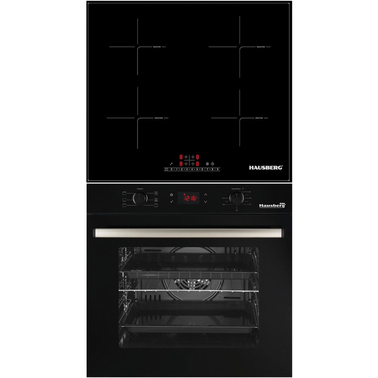 Pachet Cuptor electric incorporabil Hausberg HB-8054NG- Clasa A- volum 71L- putere 2225W- panou sticla termoizolant- termostat- timer- 7 functii- ventilatie- Plita incorporabila Hausberg HB-1535- Electrica- Inductie- 4 zone de gatit- PowerBoost- 60 c