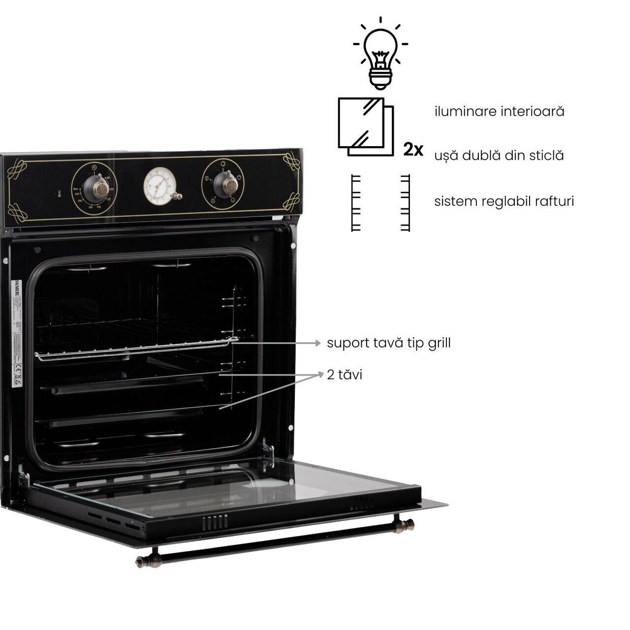 Cuptor incorporabil Hausberg HB-8055RST, Electric, Putere 2000 W, 57 l, 4 Functii, Ventilatie, Timer, Clasa A, Negru/Auriu