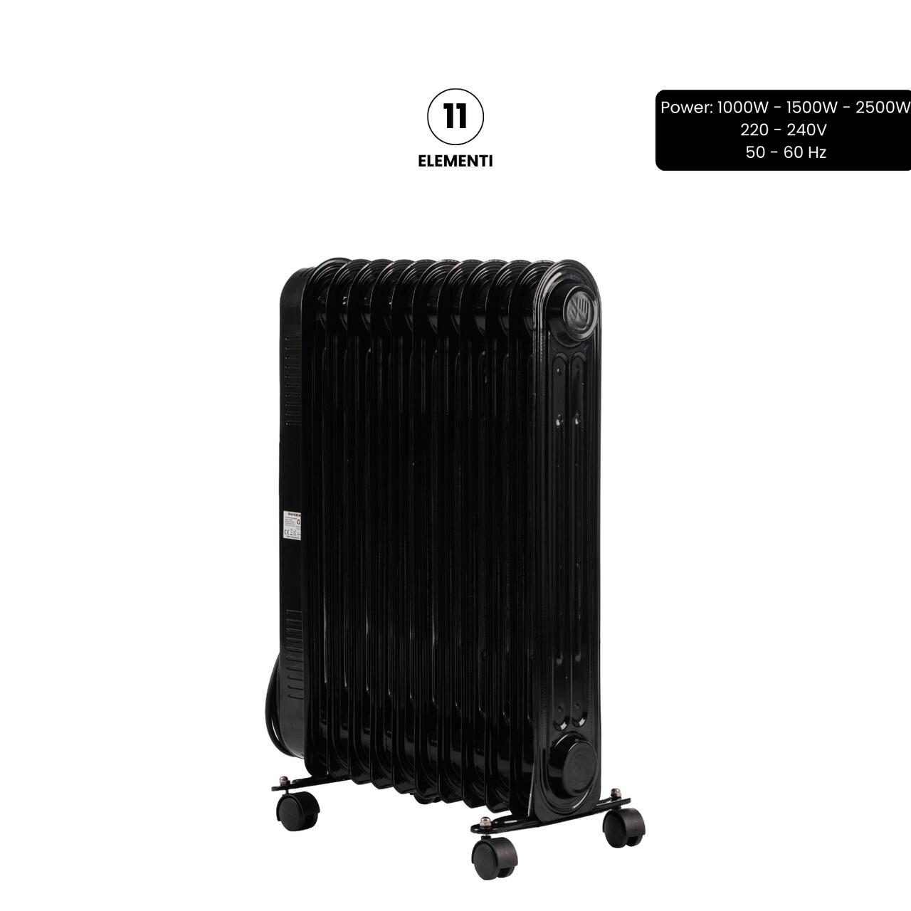 Calorifer electric cu ulei HAUSBERG HB-8925, 3 trepte, 1000-1500-2500 W, 11 elementi 110 mm x 580 mm, termostat reglabil, maner si rotite pentru o deplasare facila, indicator luminos functionare