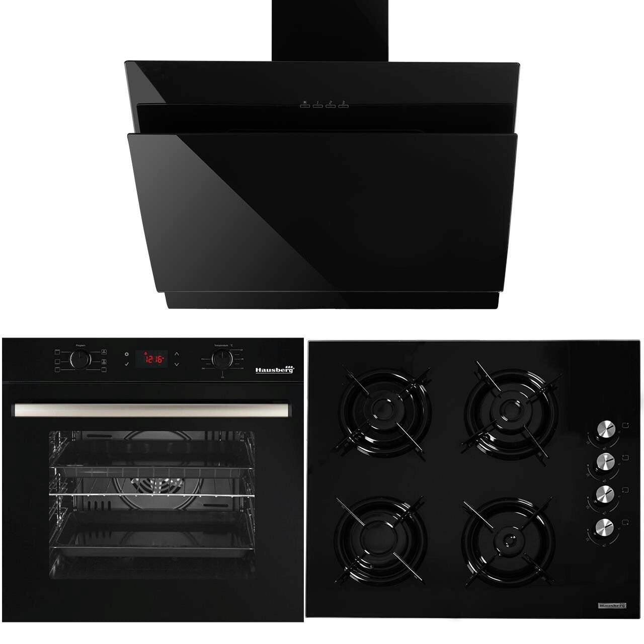 Pachet Incorporabil Cuptor electric Hausberg HB-8054- Clasa A- 71L- 2225W- Negru- Plita Incorporabila HB-563NG- 4 arzatoare- Gaz- Sticla- Negru- Hota Incorporabila decorativa HB-1385- Putere de absorbtie 650 mc/h- 60 cm- Touch control