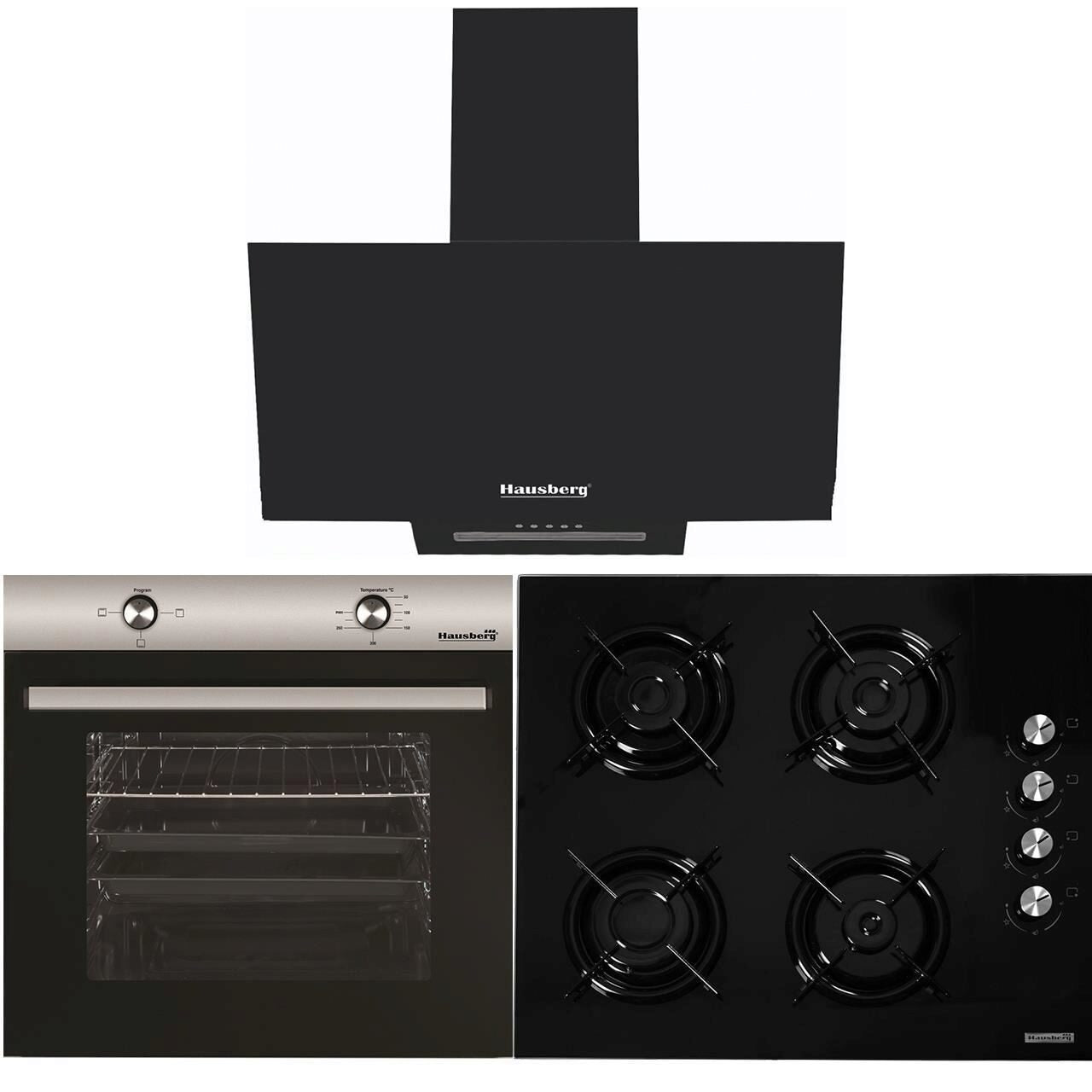 Pachet Cuptor Incorporabil Hausberg HB-8051IN- Electric- 76 l- 4 Functii- Clasa A + Plita incorporabila Hausberg HB-563- Gaz- 4 arzatoare- Negru + Hota Incorporabila decorativa Hausberg HB-1510NG- 60 cm- Filtru aluminiu- 450m3/h- Negru