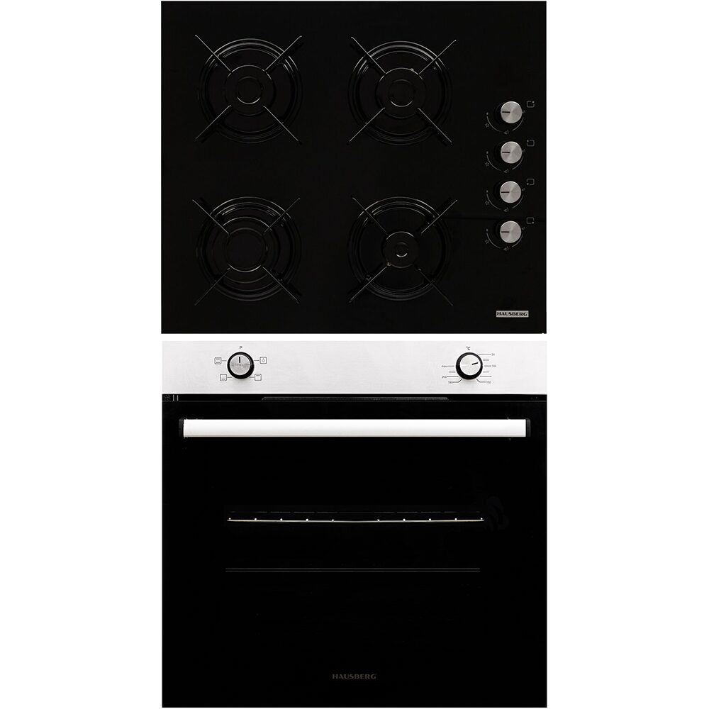 Pachet Incorporabil Cuptor Hausberg HB-8051IN, Electric, Putere 2000 W, 76 l, 4 Functii, Clasa A, Negru/Inox, Plita incorporabila Hausberg HB-563, Gaz, 4 arzatoare