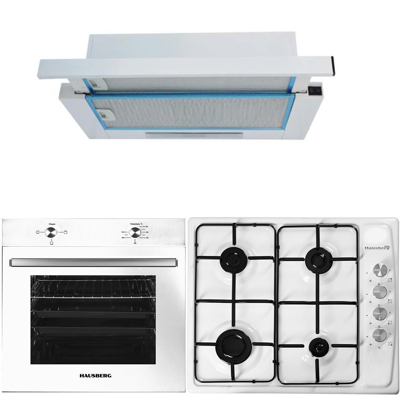 Pachet Incorporabil Cuptor Hausberg HB-8051AB- Electric- Putere 2000 W- 76 l- 4 Functii- Clasa A- Plita incorporabila Hausberg HB-561- Alb- Gaz- 4 arzatoare- Hota incorporabila telescopica Hausberg HB-1280- Putere de absorbtie 280m3/h- 1 motor- 60 cm