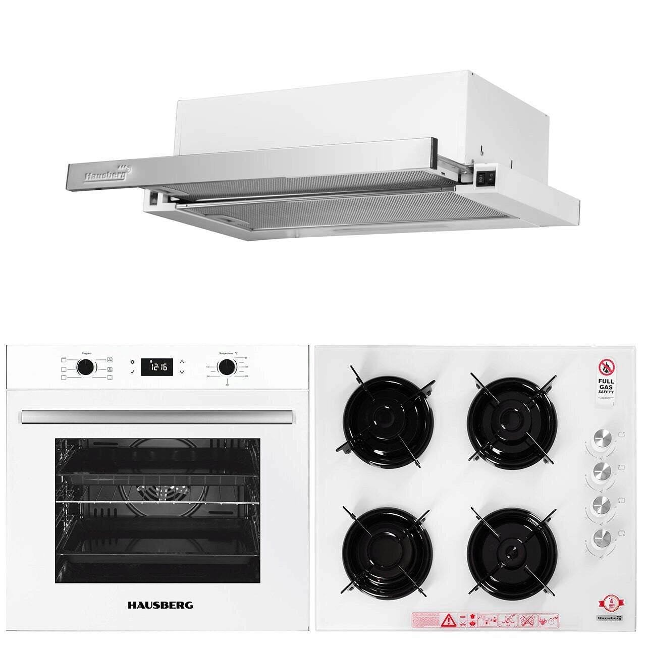 Pachet incorporabil HAUSBERG Cuptor electric HB-8054AB- Clasa A- 71L- 2225W- panou sticla termoizolant- termostat- timer- 7 functii- ventilatie- Plita HB-563- Gaz- 4 arzatoare- Hota telescopica HB-1285- absorbtie 420 m3/h- 2 motoare- 60 cm- Alb