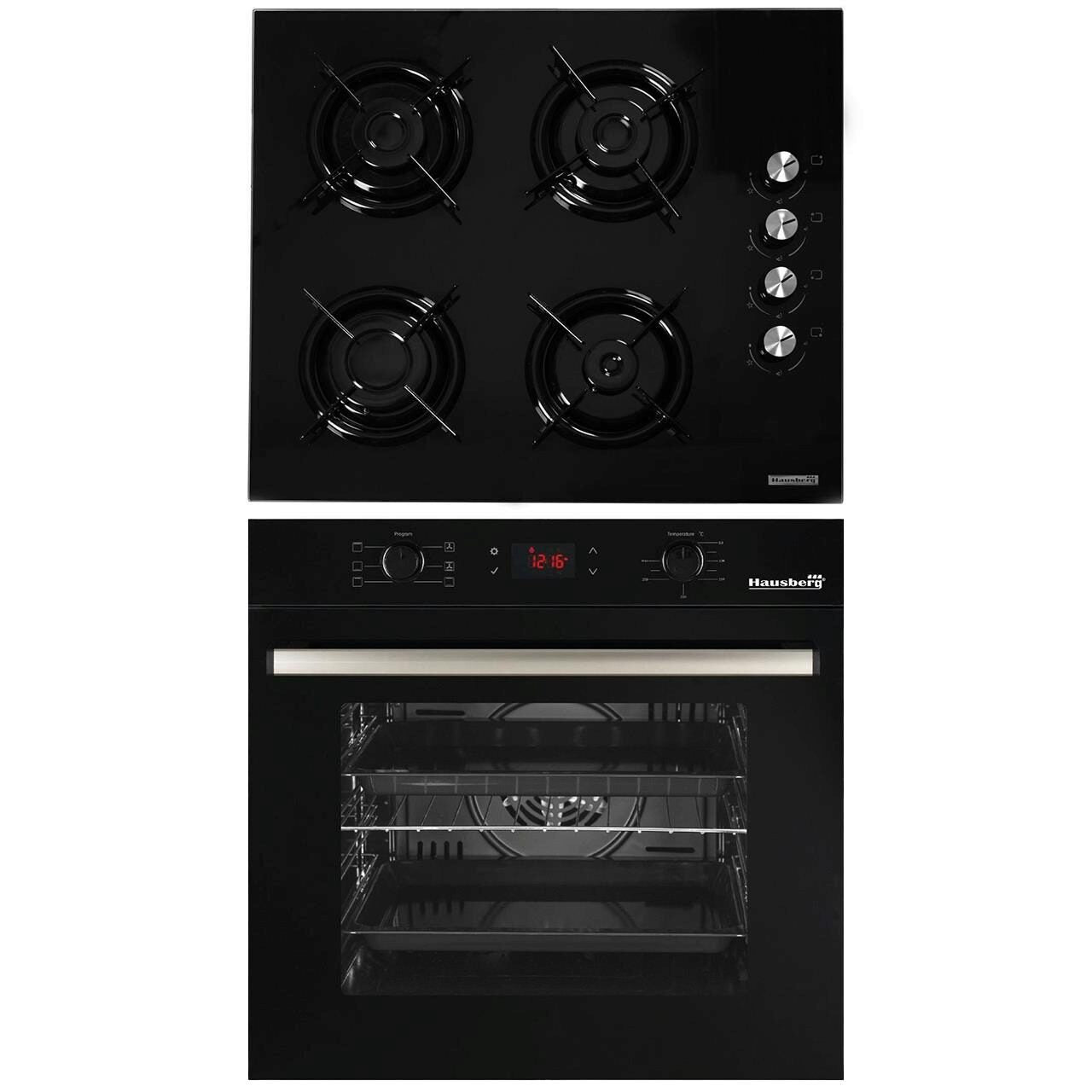 Pachet Incorporabil Hausberg Cuptor electric HB-8054NG- Clasa A- 71L- 2225W- Negru- Plita Incorporabila HB-563NG- 4 arzatoare- Gaz- Sticla- Negru