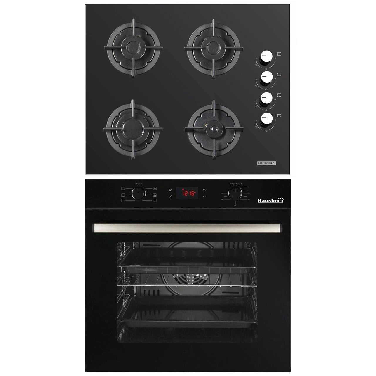 Pachet Incorporabil Hausberg Cuptor electric HB-8054NG- Clasa A- 71L- 2225W- Negru- Plita incorporabila HB-567NG- Gaz- 4 arzatoare- Sistem de siguranta GAZ- Gratar din fonta- Material Sticla- Negru