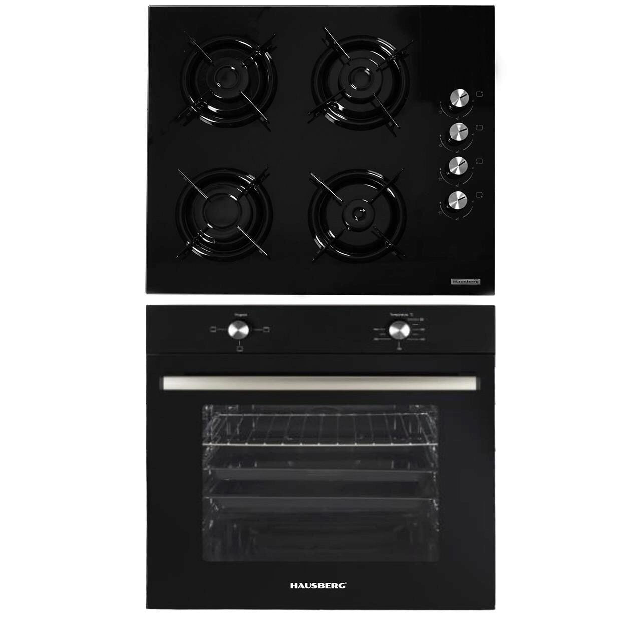 Pachet Incorporabil Hausberg Cuptor electric HB-8051NG- Clasa A- 76L- 2000W- Negru- Plita HB-563NG- 4 arzatoare- Gaz- Sticla