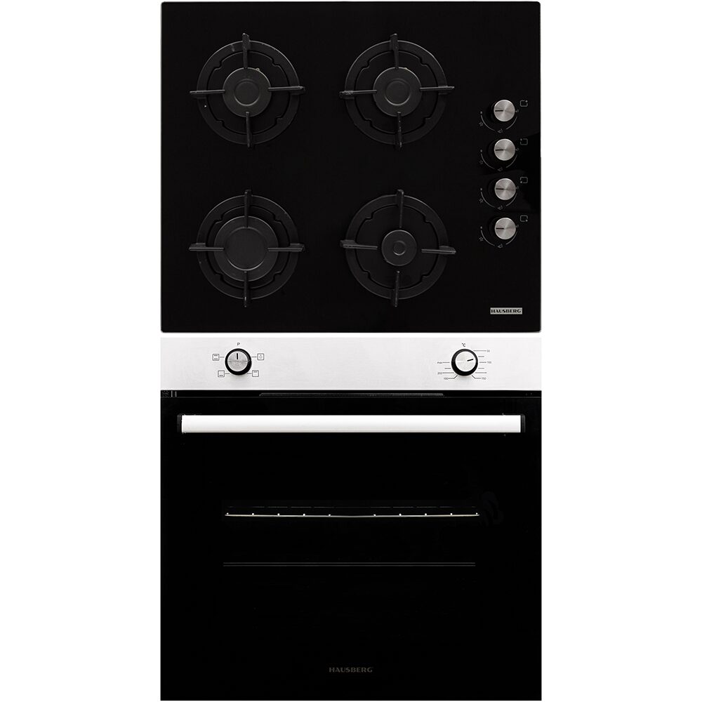 Pachet incorporabil HAUSBERG Cuptor electric HB-8051IN- 2000 W- 76 l- 4 Functii- Clasa A- Plita HB-567NG- Gaz- 4 arzatoare- Sistem de siguranta GAZ- Gratar din fonta- Material Sticla- Negru/Inox