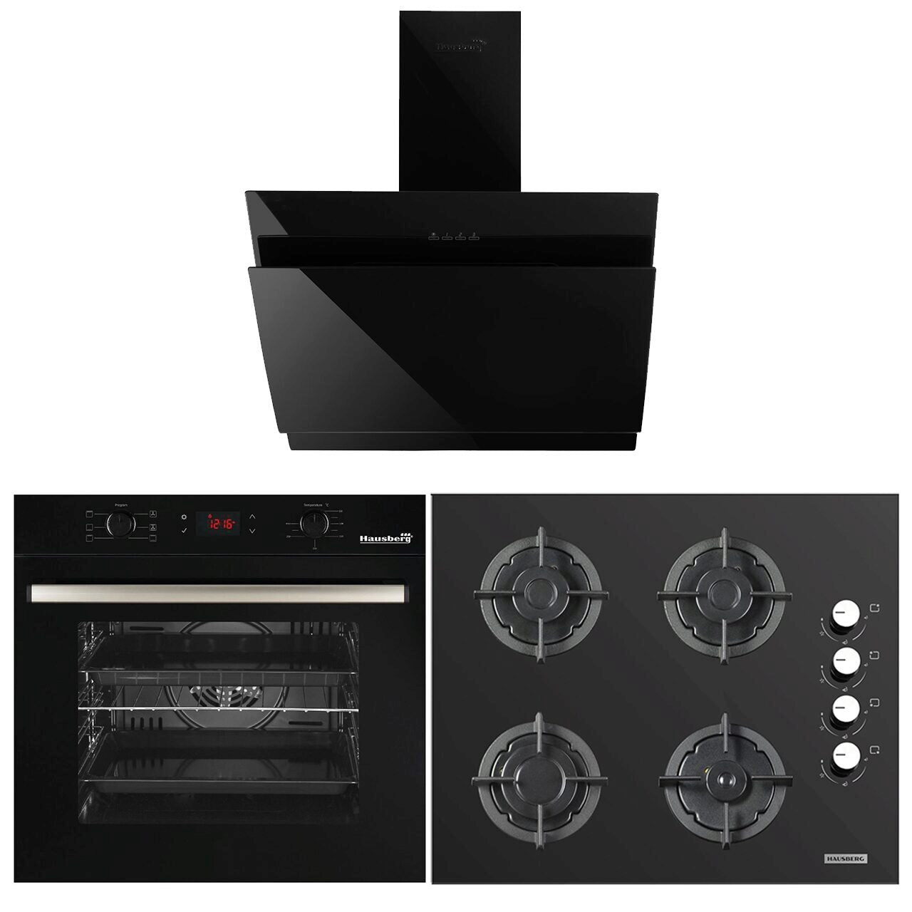 Pachet incorporabil HAUSBERG Cuptor electric HB-8054NG- Clasa A- 71L- 2225W- sticla- termostat- timer- 7 functii- ventilatie- Plita HB-567NG- Gaz- 4 arzatoare- siguranta- fonta- Hota decorativa HB-1385- 650 mc/h- 60 cm- Touch- Filtru aluminiu- Negru