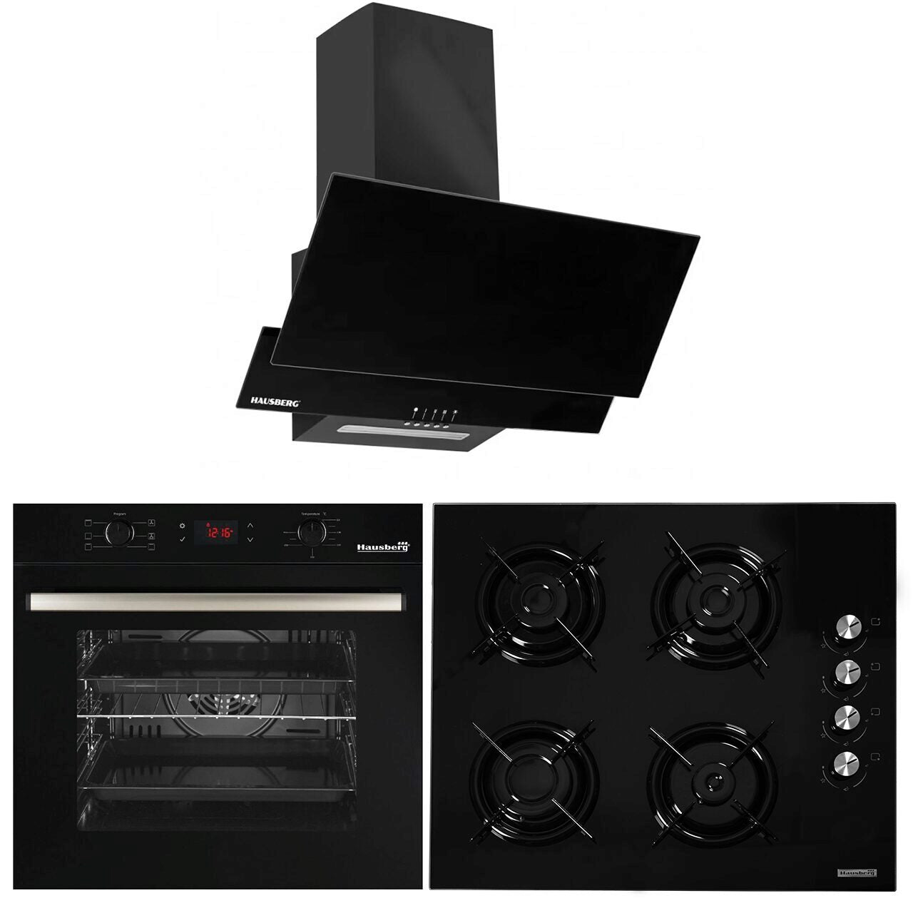 Pachet incorporabil HAUSBERG cuptor electric HB-8054NG- Clasa A- 71L- 2225W- sticla termoizolant- termostat- timer- 7 functii- ventilatie- Plita HB-563- Gaz- 4 arzatoare- Sticla- Hota decorativa HB-1805NG- 60 cm- 450m3/h- Filtru aluminiu- Negru