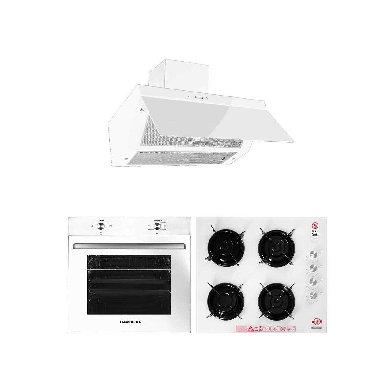 Pachet Incorporabil Cuptor electric Hausberg HB-8051AB- Clasa A- 76L- 2000W- Plita incorporabila Hausberg HB-563AB- Gaz- 4 arzatoare- Hota Incorporabila decorativa HB-1275AB- 60 cm- absorbtie 450m3/h- Filtru aluminiu- Alb