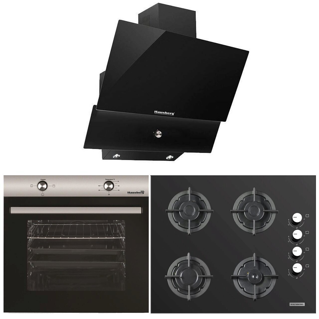Pachete incorporabile HAUSBERG cuptor HB-8051IN- Electric- 2000 W- 76 l- 4 Functii- Clasa A- Plita HB-567NG- Gaz- 4 arzatoare- siguranta GAZ- fonta- Sticla- Hota decorativa HB-2285NG- 60 cm- Filtru aluminiu- Negru/Inox