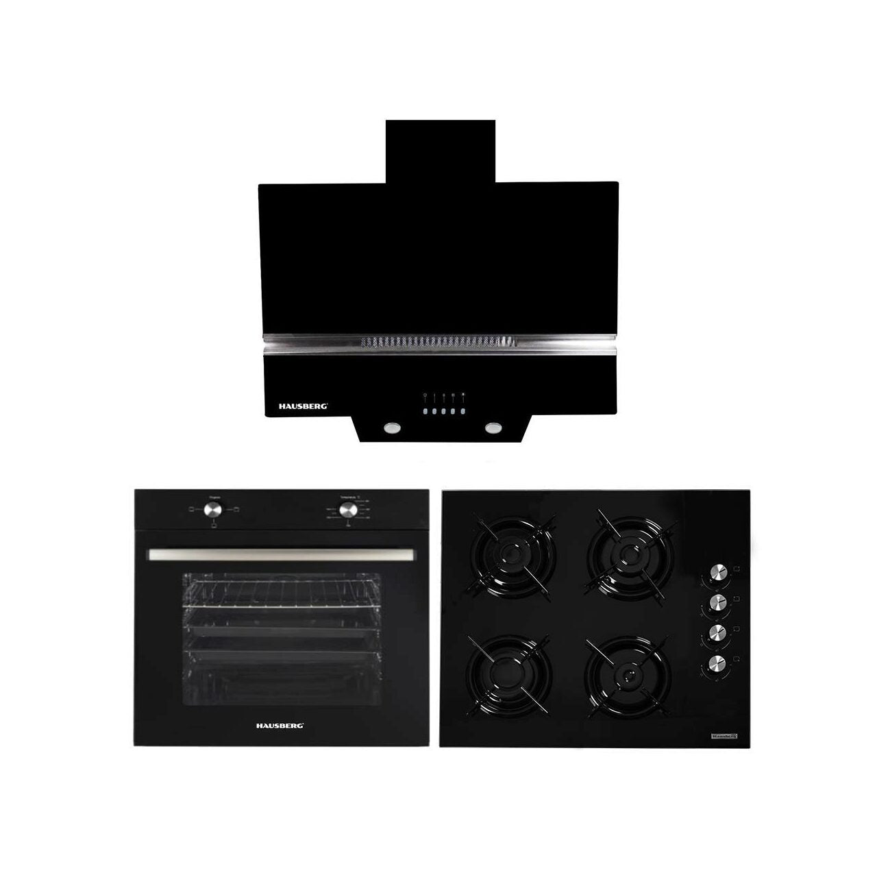 Pachet Incorporabil Cuptor electric Hausberg HB-8051NG- Clasa A- 76L- 2000W- Negru-Plita incorporabila Hausberg HB-563- Gaz- 4 arzatoare- Negru- Hota Incorporabila decorativa HB-1830NG- 60 cm- Filtru aluminiu- motor eco 450m3/h- Negru
