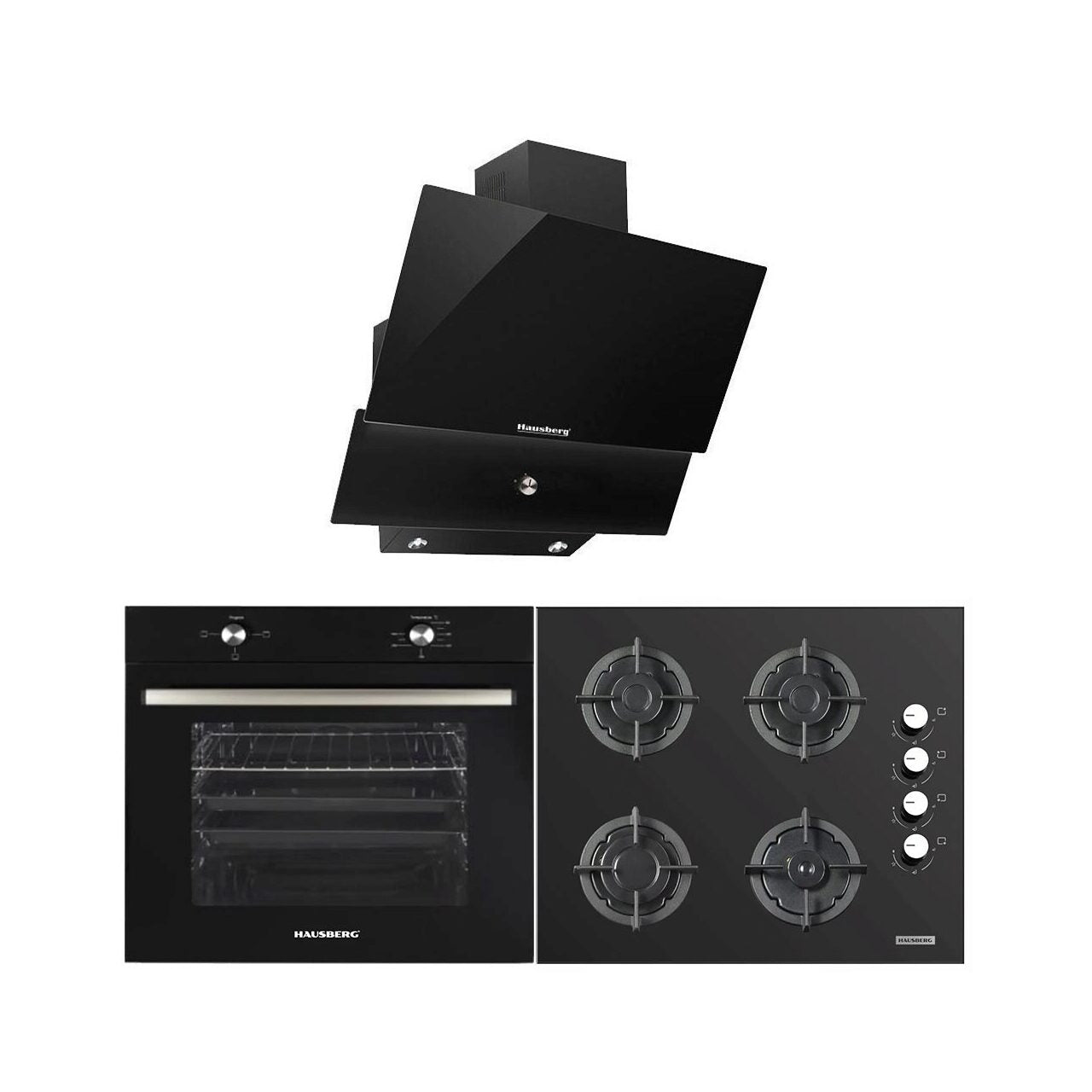 Pachet incorporabil Hausberg cuptor HB-8051NG- electric- 2000 W- 76 l- 4 functii- plita HB-567NG- Gaz- 4 arzatoare- sistem de siguranta- fonta- Sticla- hota decorativa HB-2285NG- 163W - filtru aluminiu- absorbtie maxim 650 m3/h- 60 cm- Clasa A- Negru