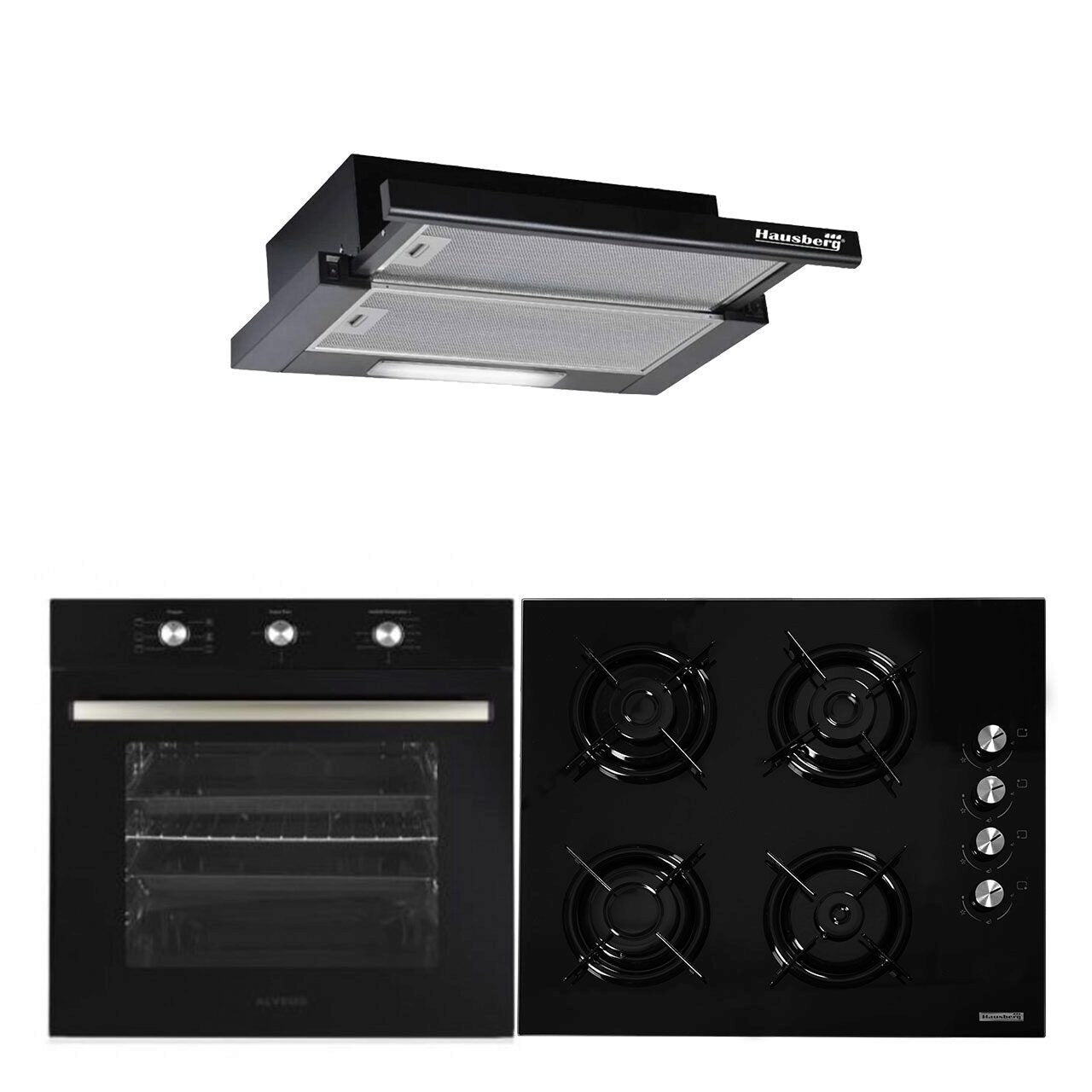 Pachet incorporabil Hausberg HB-8053NG- Electric- 2225 W- 71 l- 6 Functii- Ventilatie- Timer- Clasa A- Plita Incorporabila HB563NG- 4 arzatoare- Gaz- Sticla- Negru- Hota incorporabila telescopica HB1285NG- Putere de absorbtie 420 m3/h- 2 motoare