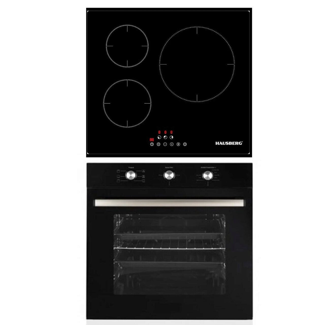 Pachet incorporabil Cuptor Hausberg HB-8053NG- Electric- Putere 2225 W- 71 l- 6 Functii- Ventilatie- Timer- Clasa A- Plita incorporabila Hausberg HB1530- Electrica- Inductie- 3 zone de gatit- PowerBoost- 60 cm- Negru