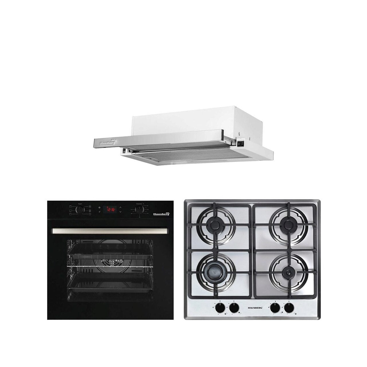 Pachet incorporabil HAUSBERG Cuptor electric HB-8054NG- Capacitate 71L- 2225W- 7 functii- convectie- plita gaz HB-555- 4 arzatoare- hota telescopic HB-1285IN- 420 m3/h absorbtie- 2 motoare- Negru-Inox
