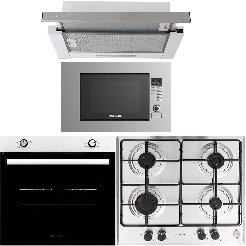 Pachet incorporabil HAUSBERG cuptor electric HB-8051IN- 2000W- 4 Functii- 76L- plita gaz HB-555- 4 arzatoare- aprindere electrica- hota telescopic HB-1285IN- absorbtie 420 m3/h- 2 motoare- 60cm- cuptor microunde HB-8065IN- 1200W- 20L- Inox