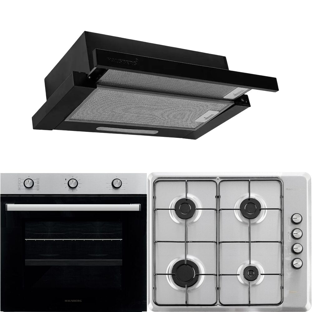 Pachet incorporabil Hausberg Cuptor HB-8053IN- Electric- Putere 2225 W- 71 l- 6 Functii- Ventilatie- Timer- Clasa A- Plita HB-580IN- aprindere electrica- gaz- 4 arzatoare- siguranta- Negru-Inox Hota HB-1285NG- 420 m3/h- 2 motoare- 60 cm- Negru-Inox
