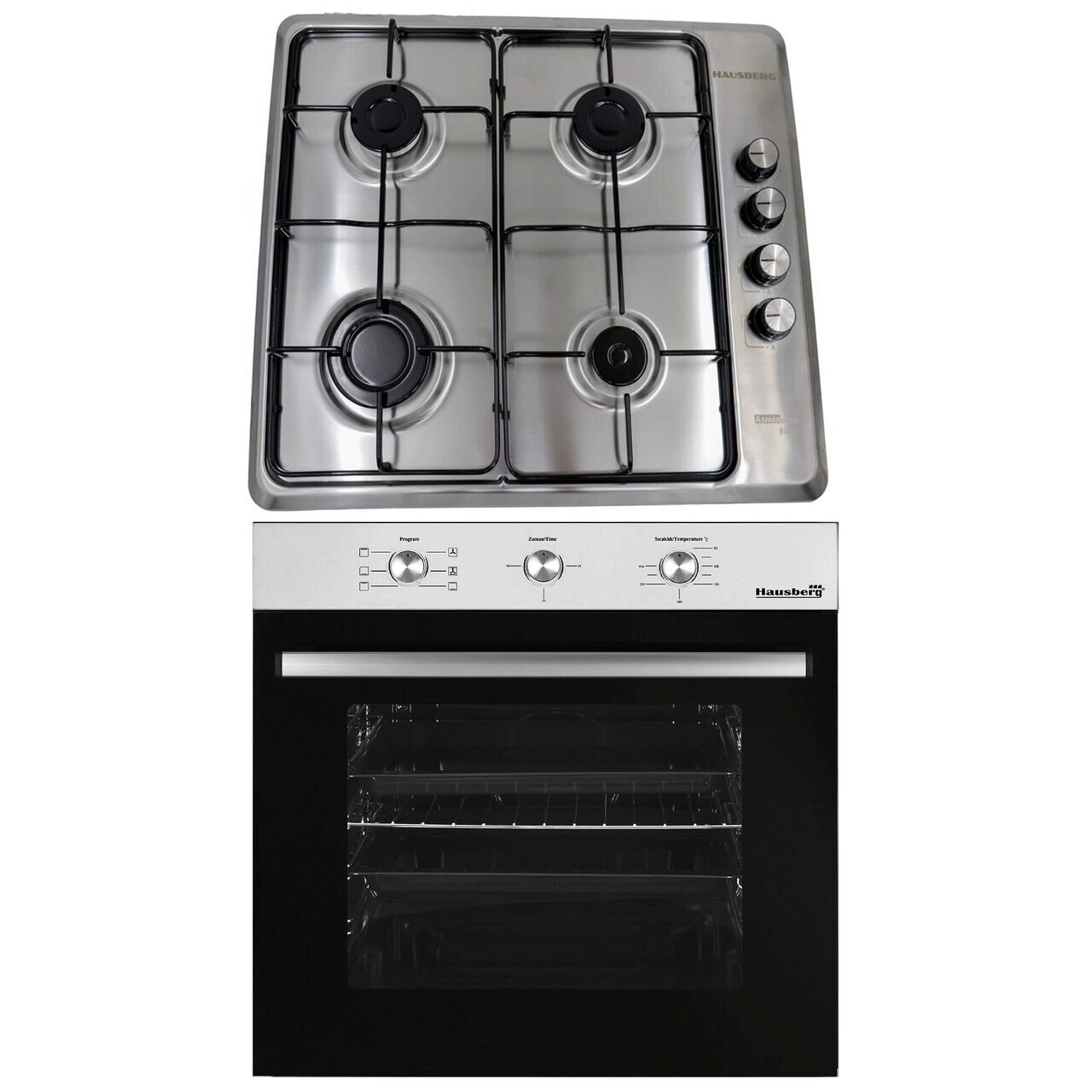 Pachet incorporabil Hausberg Cuptor HB-8053IN- Electric- Putere 2225 W- 71 l- 6 Functii- Ventilatie- Timer- Clasa A- Plita incorporabila HAUSBERG HB-580IN- aprindere electrica- gaz- 4 arzatoare- sistem siguranta- Negru-Inox