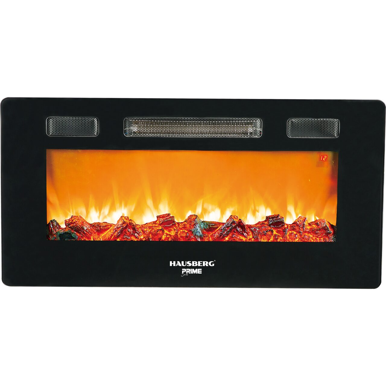 Semineu electric de perete HAUSBERG HB-8225, 1800W, Telecomanda, 3 Niveluri de lucru, Turboventilator, Elect de flacara led culoare portocalie, Termostat reglabil, Fier + sticla