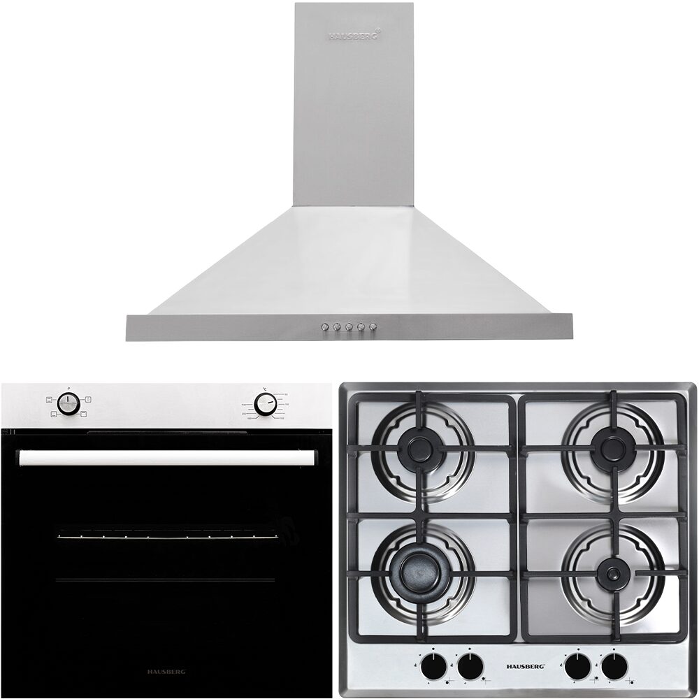 Pachet incorporabil Hausberg Cuptor HB-8051IN- Electric- Putere 2000 W- 76 l- 4 Functii- Plita incorporabila HB-556IN- Gaz- 4 arzatoare- Sistem siguranta GAZ- Gratar din fonta- Hota decorativa HB-1260- absorbtie 450 m3/h- 1 motor- 60 cm- Inox