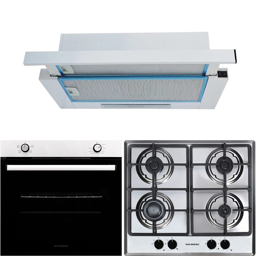 Pachet incorporabil Hausberg Cuptor HB-8051IN- Electric- Putere 2000 W- 76 l- 4 Functii- Plita incorporabila HB-556IN- Gaz- 4 arzatoare- Sistem siguranta GAZ- fonta- Hota telescopica HB-1280- absorbtie 280m3/h- 1 motor- 60 cm Inox-Alb