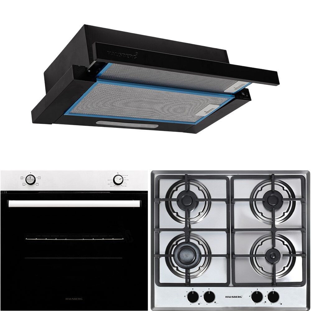 Pachet incorporabil HAUSBERG Cuptor HB-8051IN- Electric- Putere 2000 W- 76 l- 4 Functii- Plita incorporabila HB-556IN- Gaz- 4 arzatoare- Sistem siguranta GAZ- fonta- Inox- Hota telescopica HB-1285NG- absorbtie 420 m3/h- 2 motoare- 60 cm- Inox-Negru
