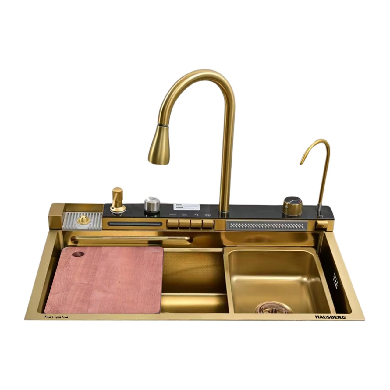 Set chiuveta multifunctionala HAUSBERG HBC-9955 din otel inoxidabil, baterie dubla, cuva perforata fructe/legume, cuva universala cu dop scurgere, tocator, 750x460x220 mm, accesorii incluse, Auriu/Negru