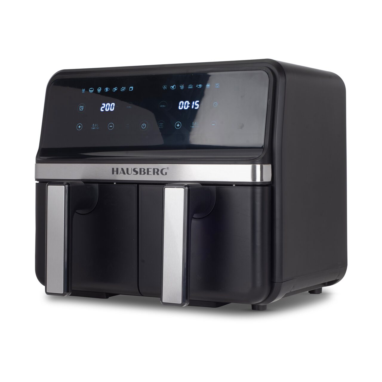 Friteuza dubla cu aer cald HAUSBERG HB-2373NG, 2200-2400W, capacitate 8.4L, termostat reglabil cu afisaj LED, control digital individual, 14 programe prestabilite, temporizator 60 min, ventilator de racire