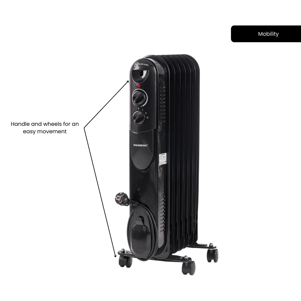 Calorifer electric cu ulei HAUSBERG HB-8905, 3 trepte, max1500 W, 7 elementi, termostat reglabil