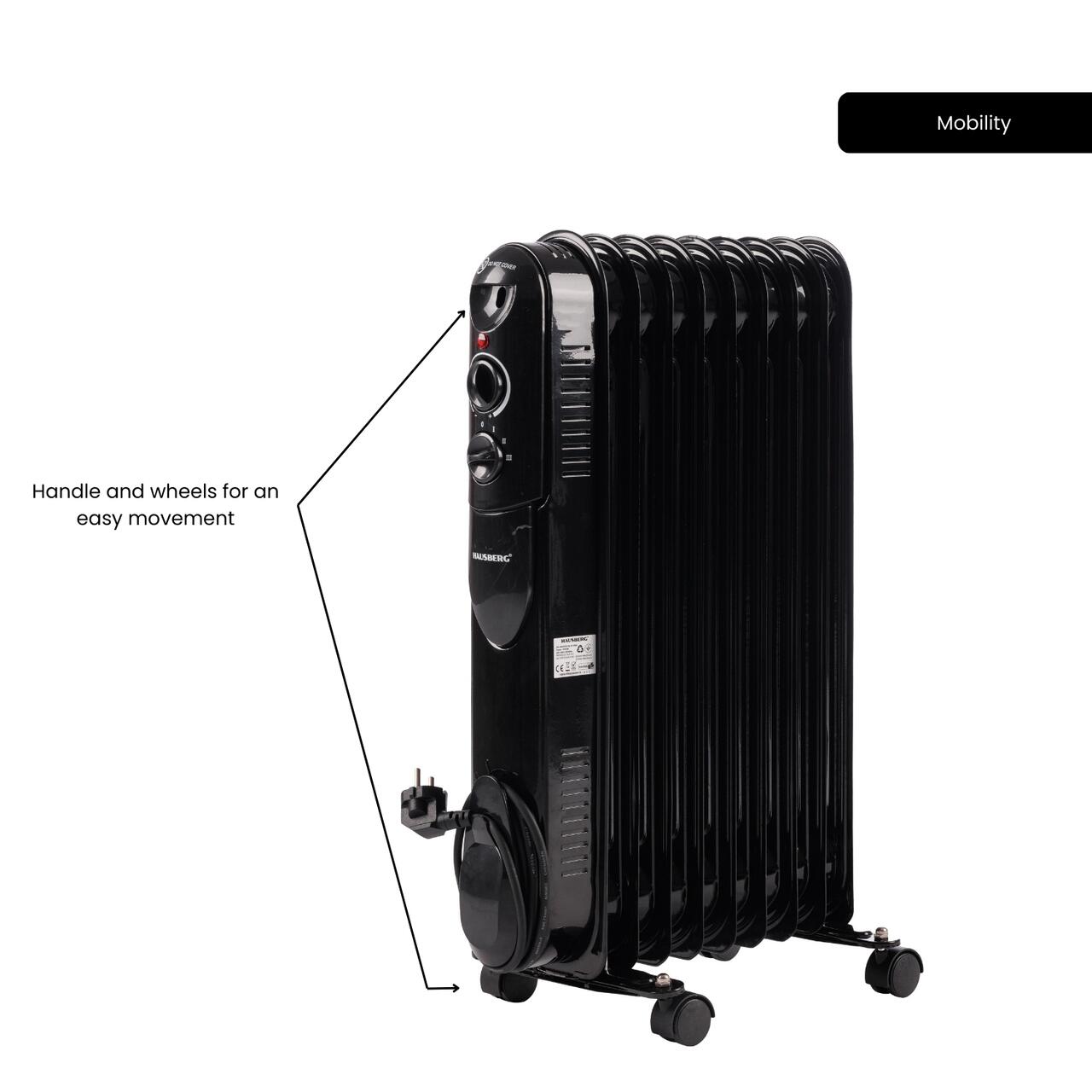 Calorifer electric cu ulei HAUSBERG HB-8915, 3 trepte, 800-1200-2000 W, 9 elementi 110 mm x 580 mm, termostat reglabil, maner si rotite pentru o deplasare facila, indicator luminos functionare