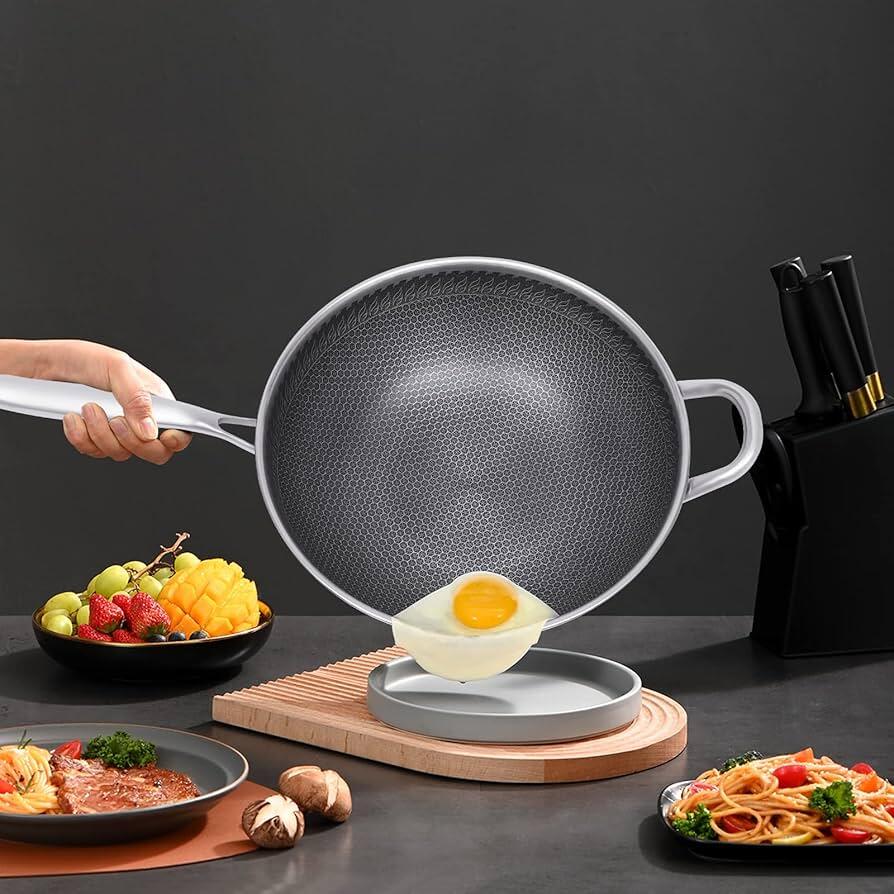 Tigaie wok 34cm Hausberg HB-H LUX 848 inox inducție interior fagure antiaderent