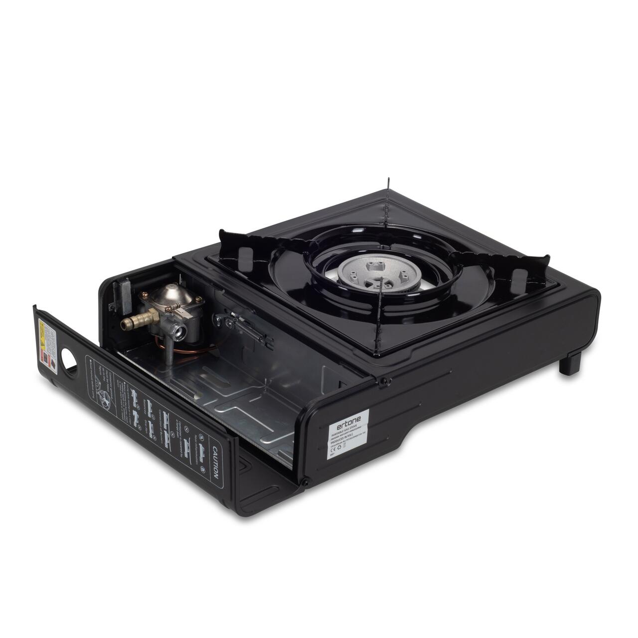 Aragaz portabil 2 in 1 camping Ertone ERT-MN232, Pentru butelie spray si standard, 2.2 kW, Aprindere piezo, Negru