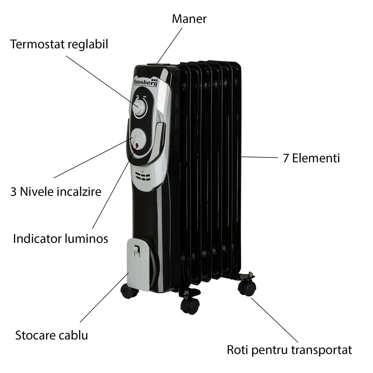Calorifer electric Hausberg HB-8900, 1500W, 7 elementi, 3 nivele de putere, termostat reglabil
