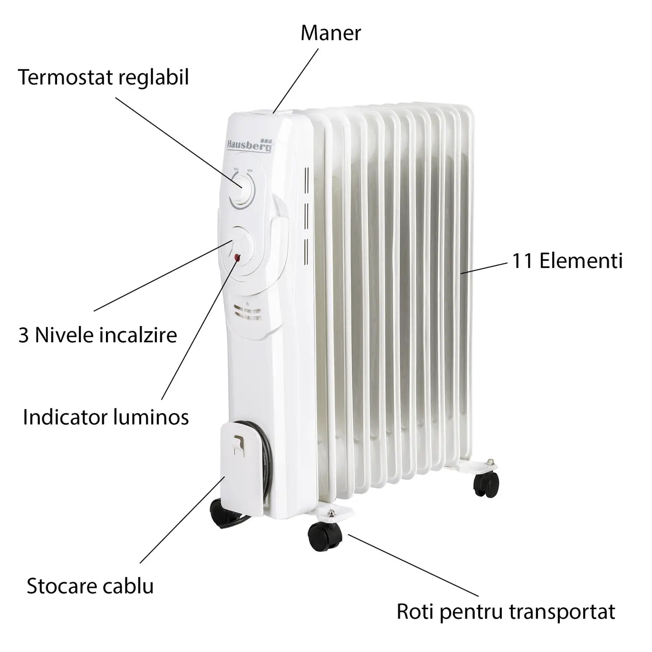 Calorifer electric HAUSBERG HB-8920, 2500W, 11 elementi, 3 nivele de putere, termostat reglabil